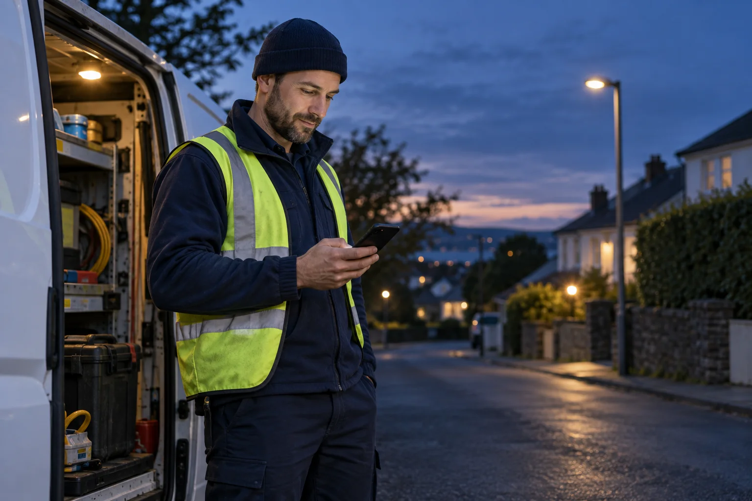 A utility technician checking a service request beside a service van