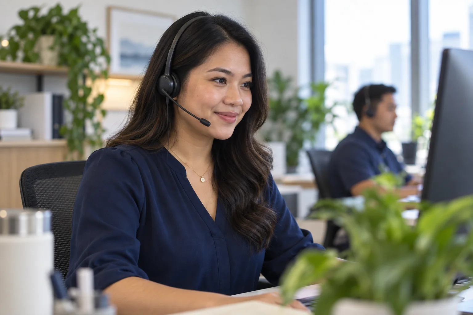 A customer support professional speaking with a customer at a desk